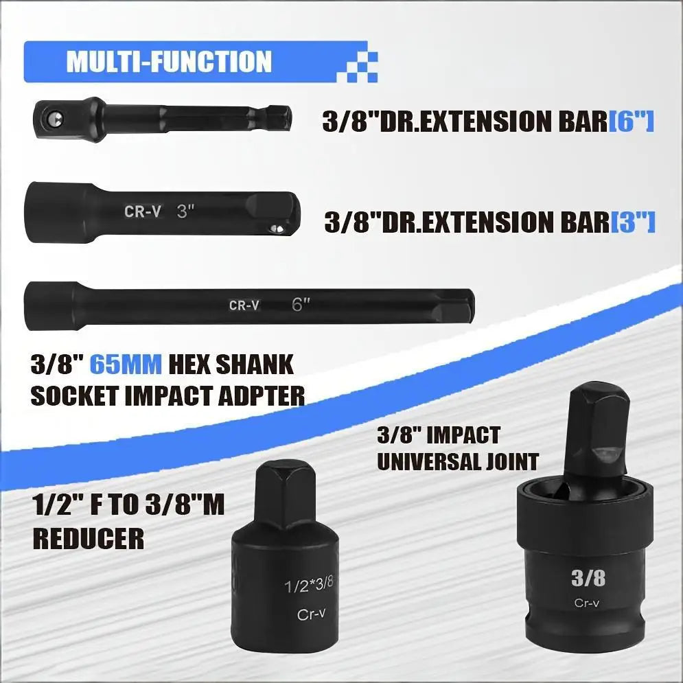 S And B Enterprise 3/8-in drive socket set with CR-V chrome vanadium sockets, extension bars, reducer and universal joint