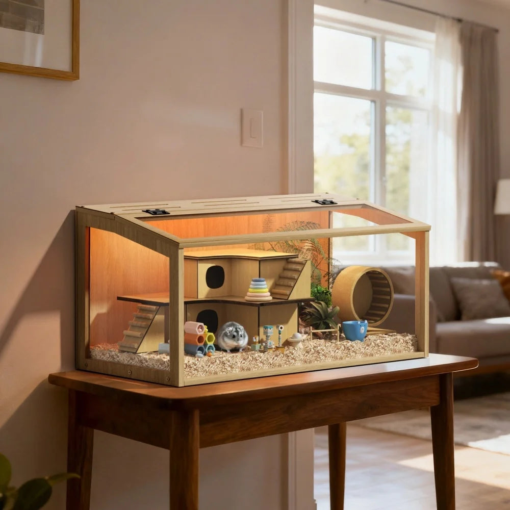Wooden Hamster Cage With Glass And Built In LED Roof by S And B Enterprise