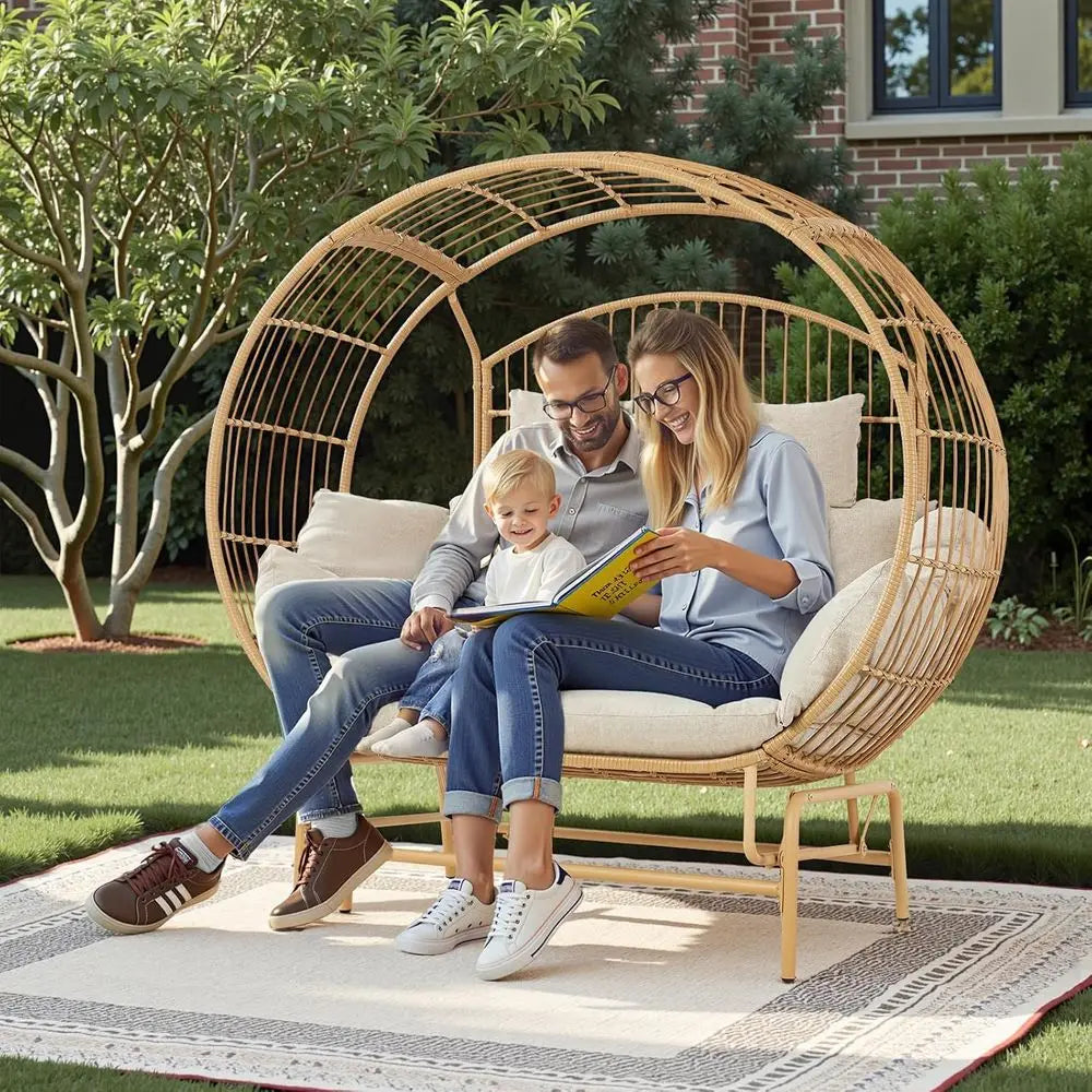 Two-Person Wicker Glider Chair With Cushions For Outdoor Patio Garden