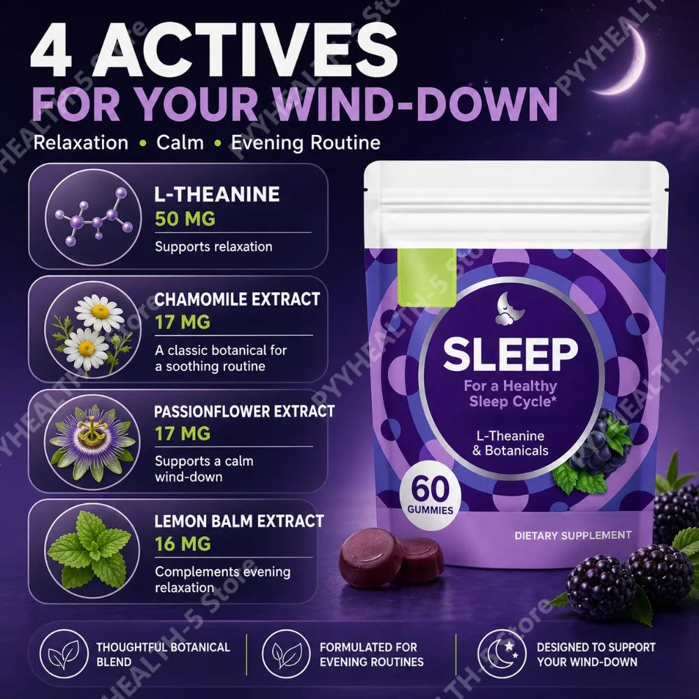 Blackberry flavor L-Theanine gummies with chamomile, lemon balm and passionflower for nightly routine, 60 gummies