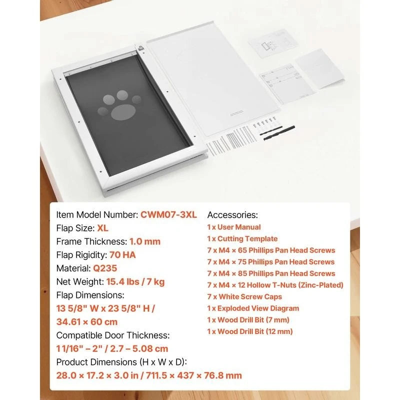 Pet Door X-Large white metal-frame with three magnetic flaps; S And B Enterprise includes manual and hardware