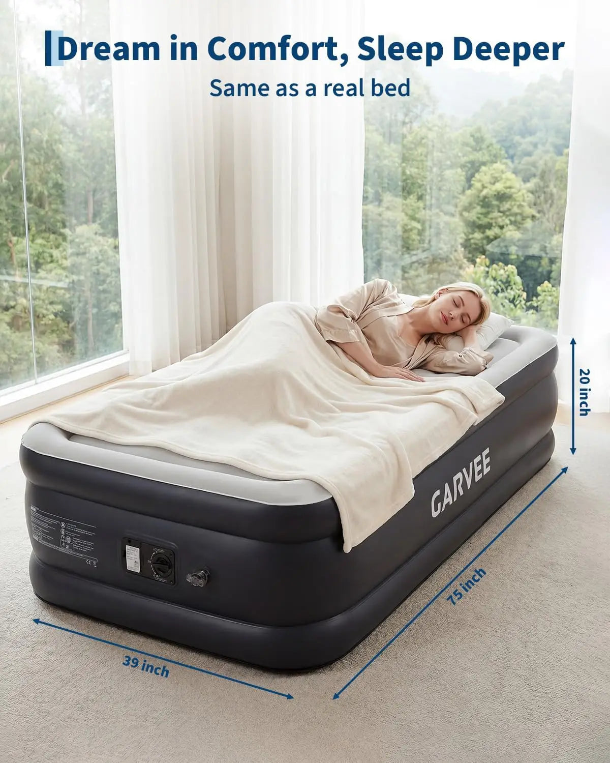 Raised air mattress with built-in pump by GARVEE, black PVC, 20in height