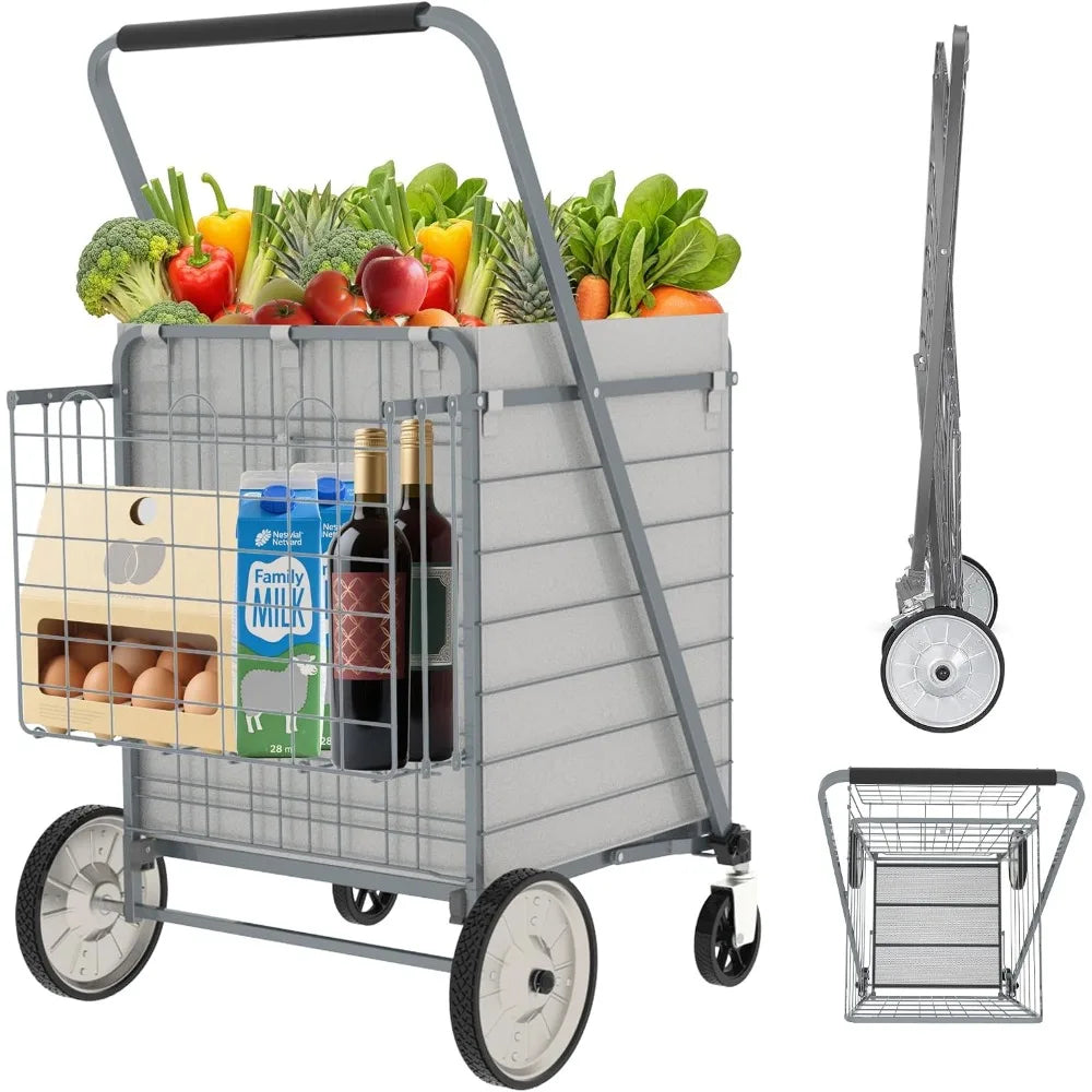 S And B Enterprise heavy-duty folding grocery cart with removable bag, grey metal frame and 360° wheels