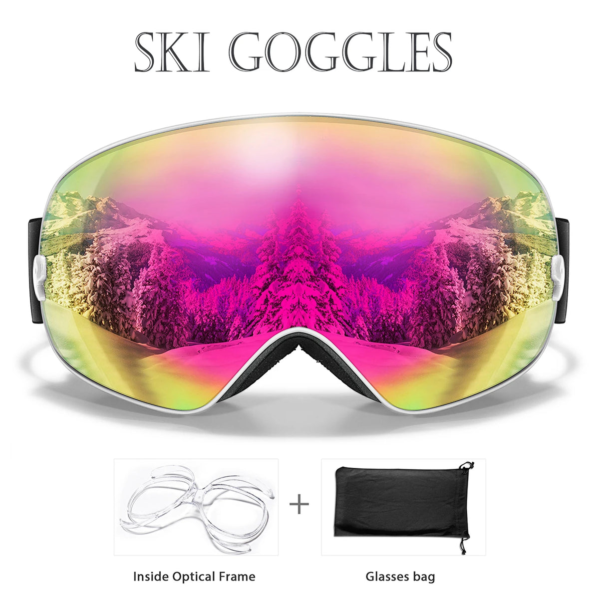 Winter ski goggles with rainbow mirrored lens, UV400 anti-fog; includes optical frame and glasses bag