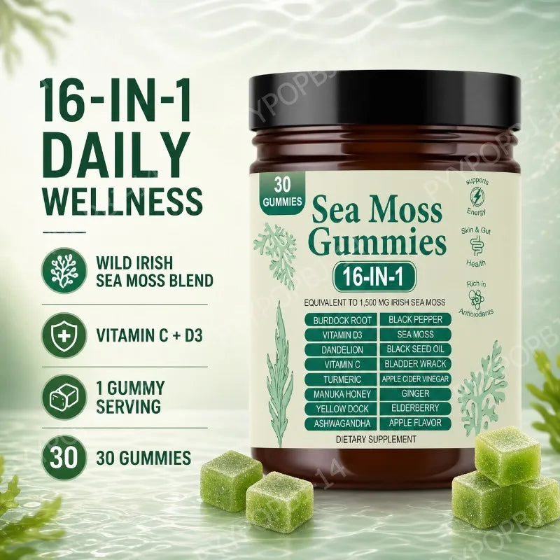 Irish Sea Moss Gummies bottle with 16-IN-1 daily wellness, apple flavor, 30 gummies