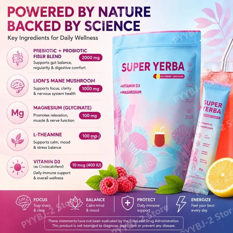 Yerba Instant Powder 30 Packets Contain Raspberry Lemonade Flavor Vitamin D3 Prebiotics Support Gut Clean and Provide Energy by S And B Enterprise