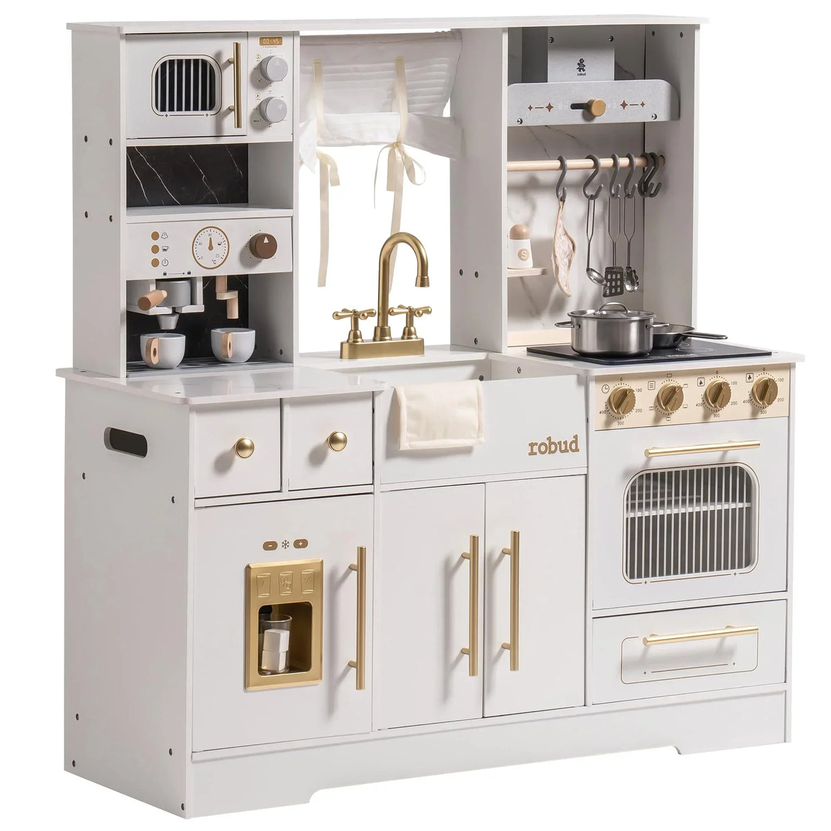 Robotime Robud wooden play kitchen with wash basin, cookware set, and microwave; white with gold hardware