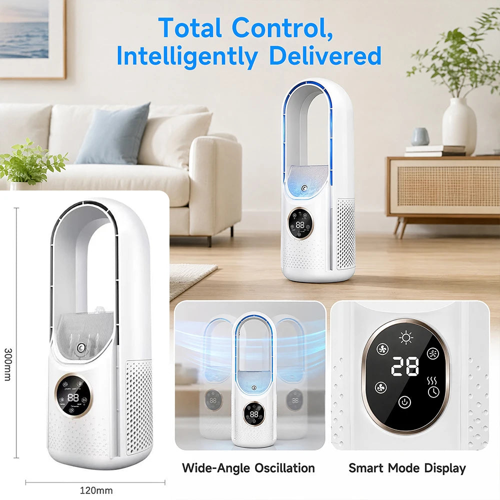 White bladeless desk fan air cooler with built-in humidifier, 6 speeds, timer, digital display by S And B Enterprise