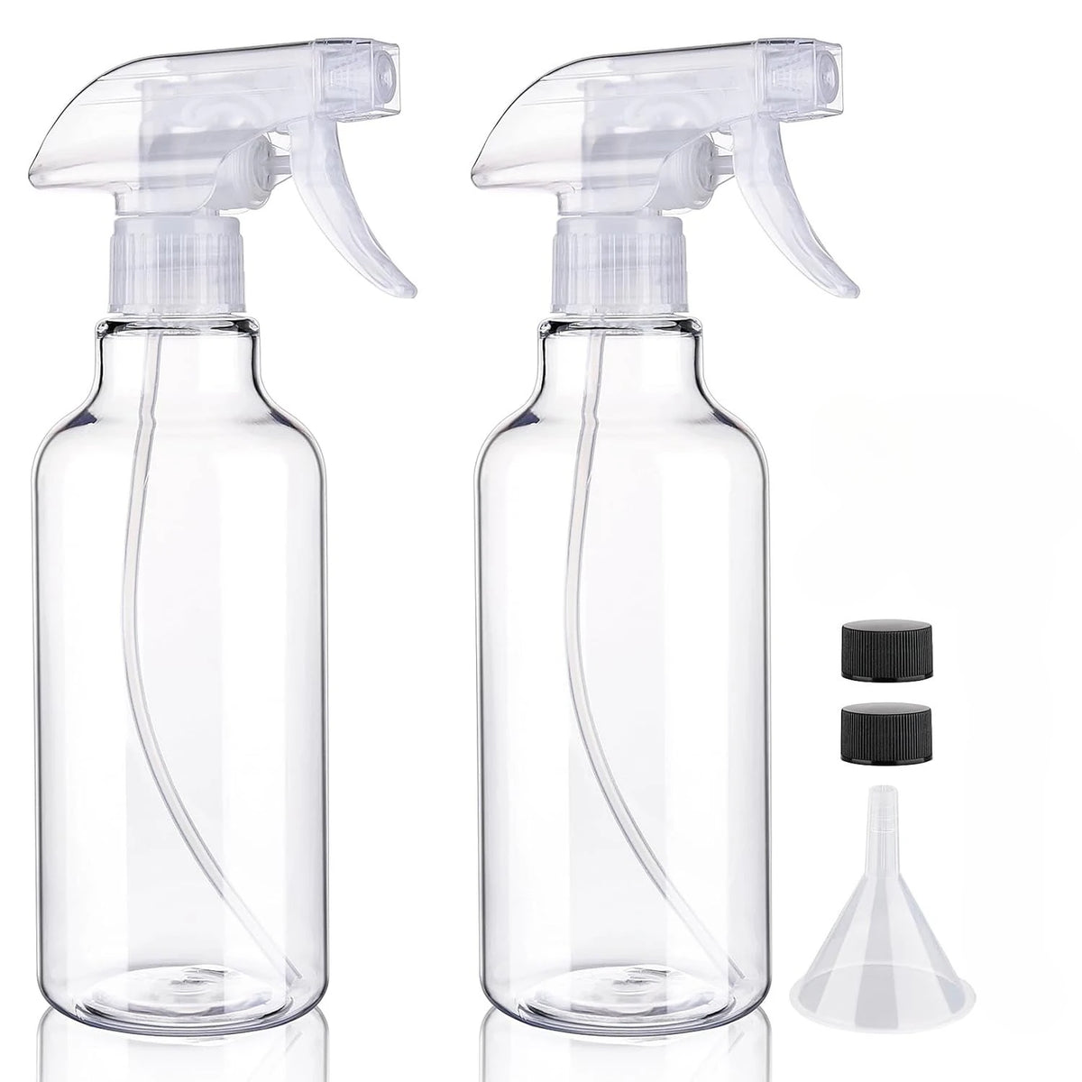 Two clear plastic spray bottles, 500ml capacity, with adjustable mist/stream spray heads and spare caps