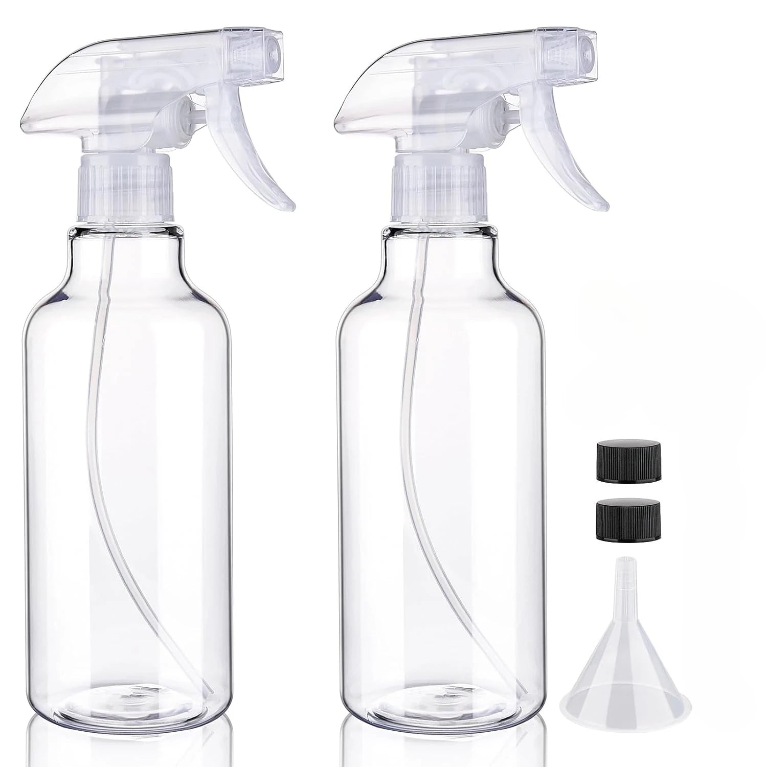 Two clear plastic spray bottles, 500ml capacity, with adjustable mist/stream spray heads and spare caps