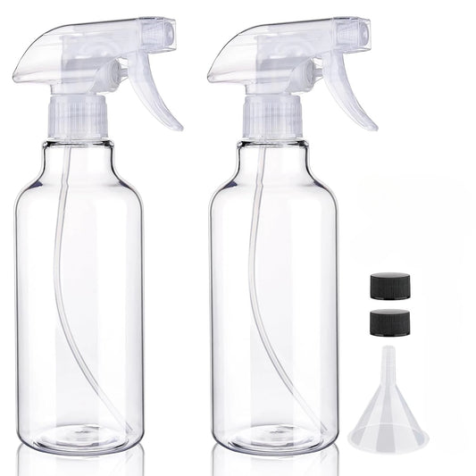 Two clear plastic spray bottles, 500ml capacity, with adjustable mist/stream spray heads and spare caps