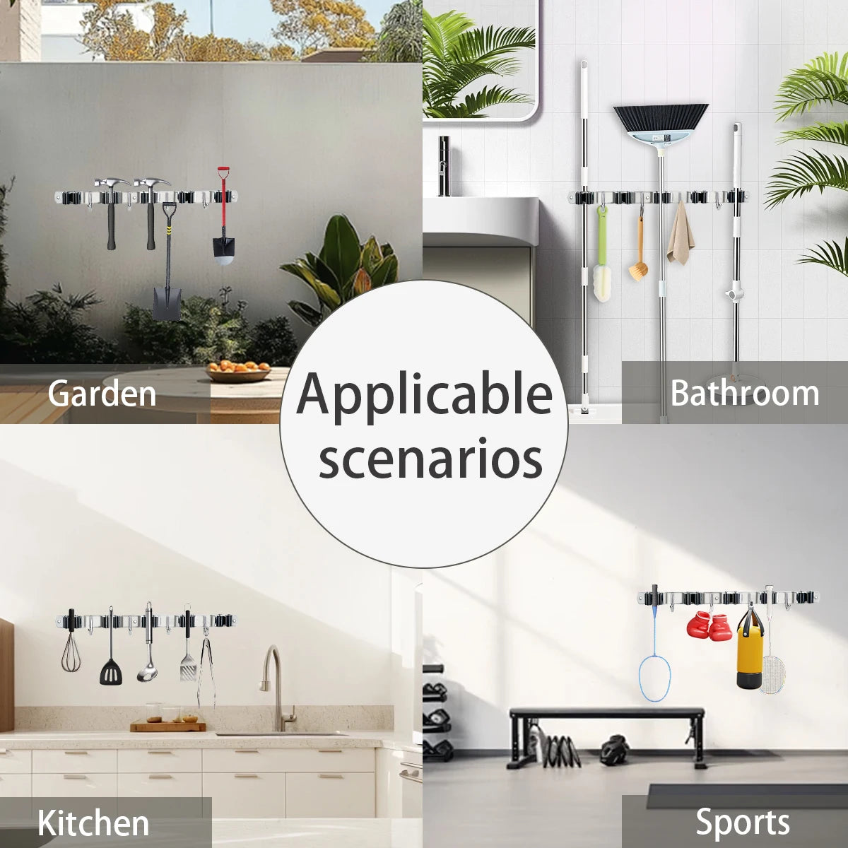 Stainless Steel 4 Hook Wall Mounted Mop And Broom Organizer