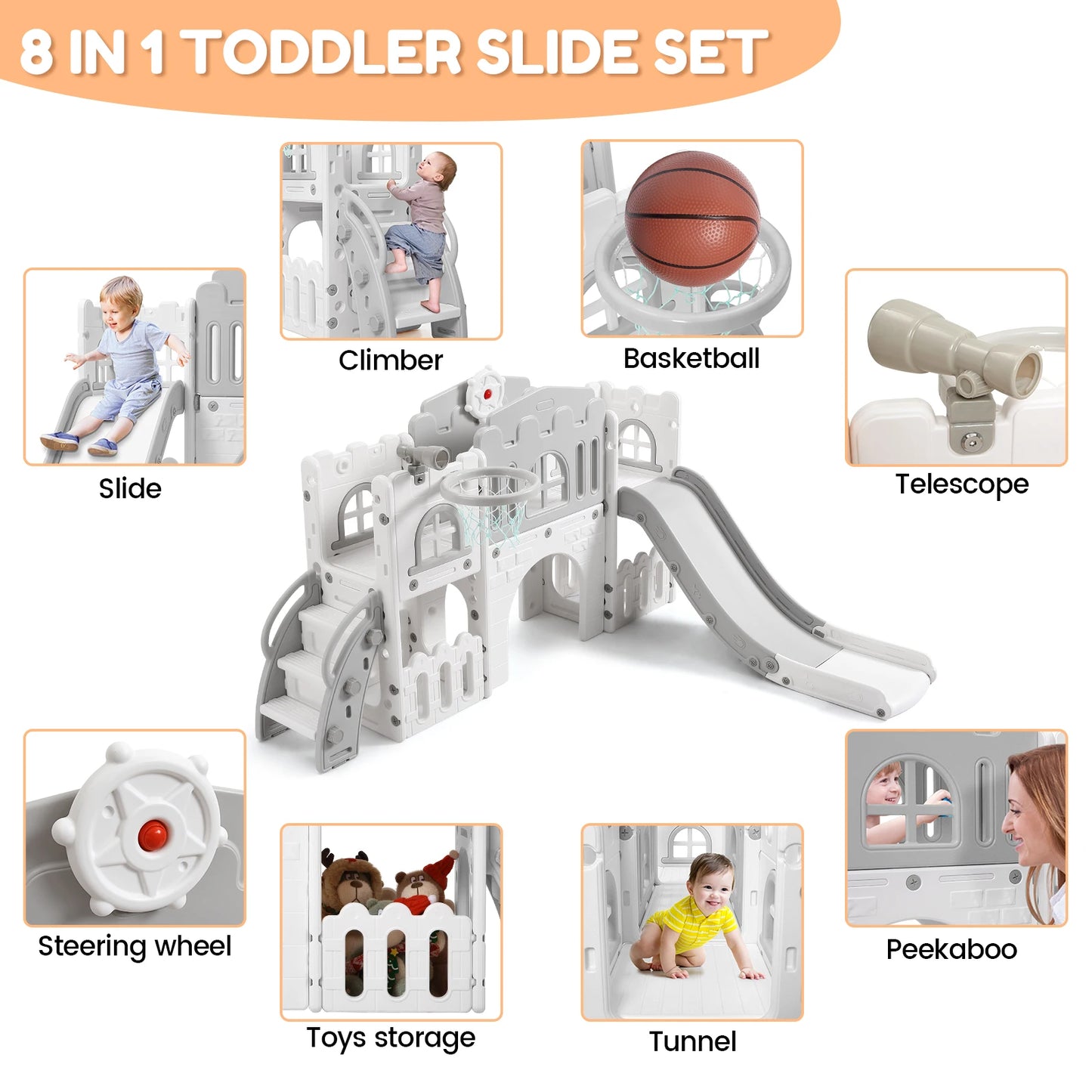 8 In 1 Toddler Slide Indoor Playground Playset