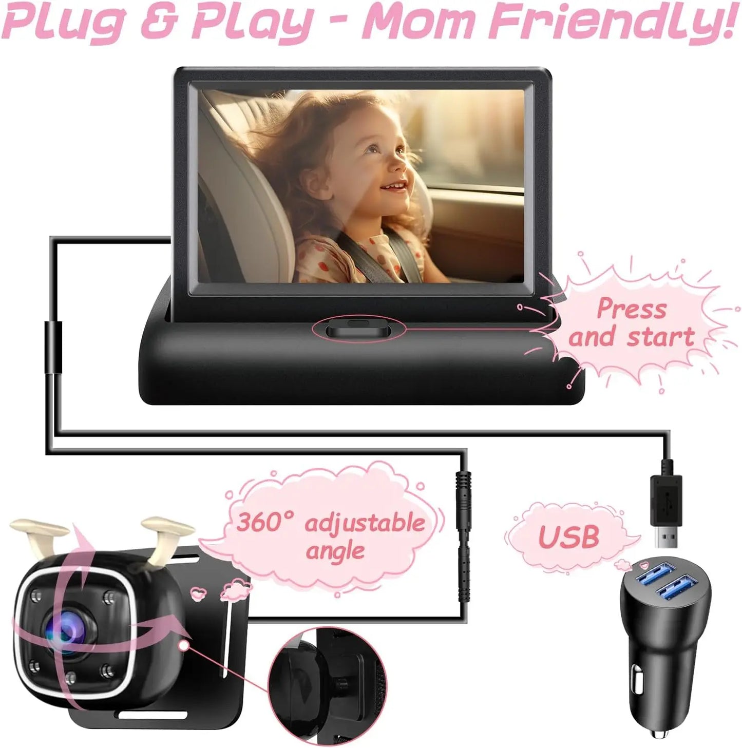 Baby car camera system with 4.3in monitor, USB powered, rear-facing 150° wide-angle night vision by S And B Enterprise