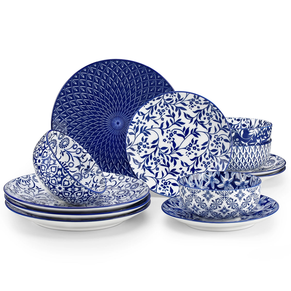 Porcelain dinnerware set in blue and white with Chinese floral patterns on plates and bowls