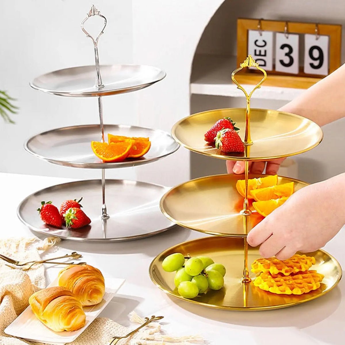 3 Tier Dessert Stand with Gift Box, Ready-to-Gift Stainless Steel Food Tray for Holidays, Buffet Serving Platter for Home Kitchen and Restaurant Use