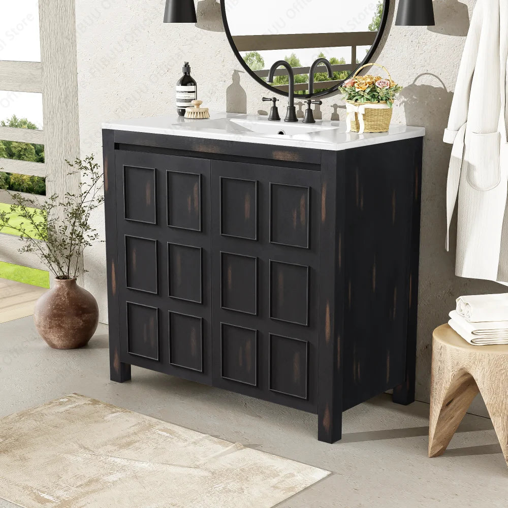 Bathroom vanity cabinet, 36-inch solid wood with white ceramic sink, dark charcoal finish.