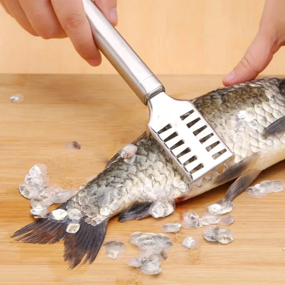 Multi-Purpose Kitchen Scraper, stainless steel with non-slip handle, 23cm, shown scaling a fish