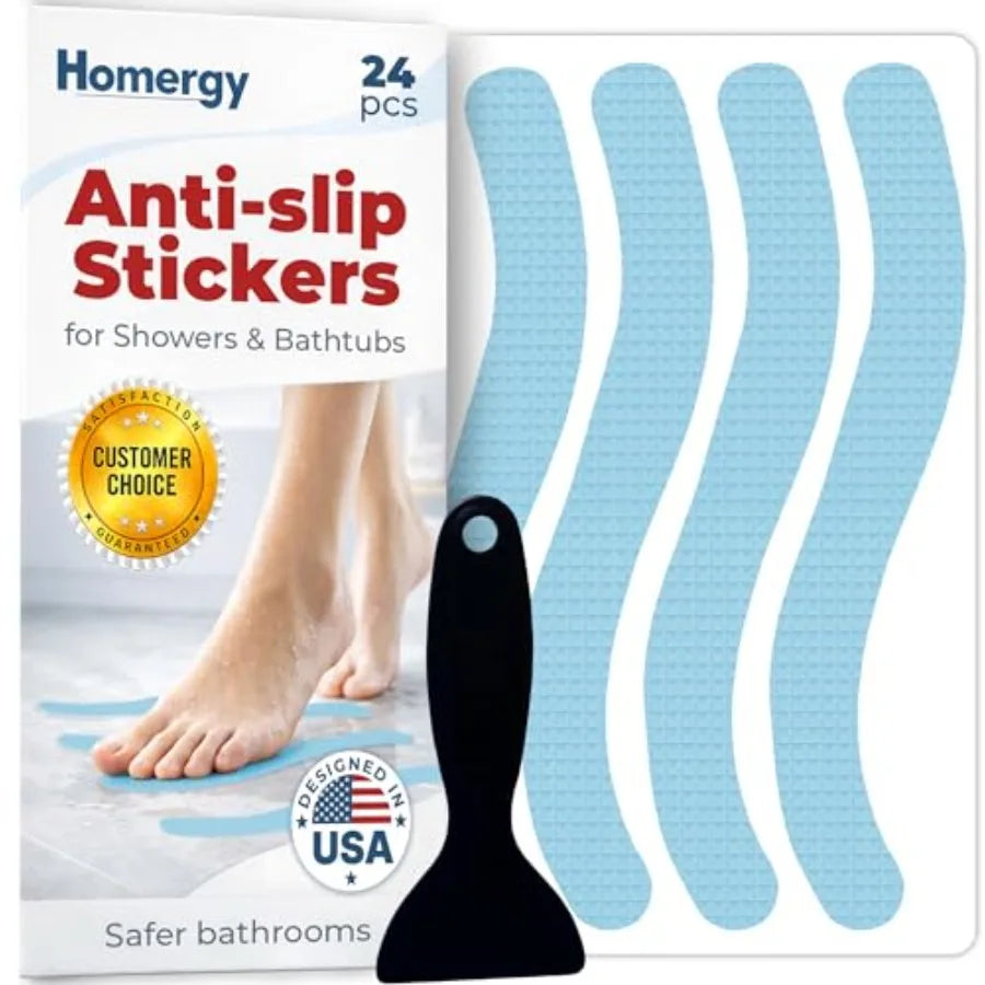 Anti-slip shower stickers; four blue bath strips from Homergy for showers and bathtubs.