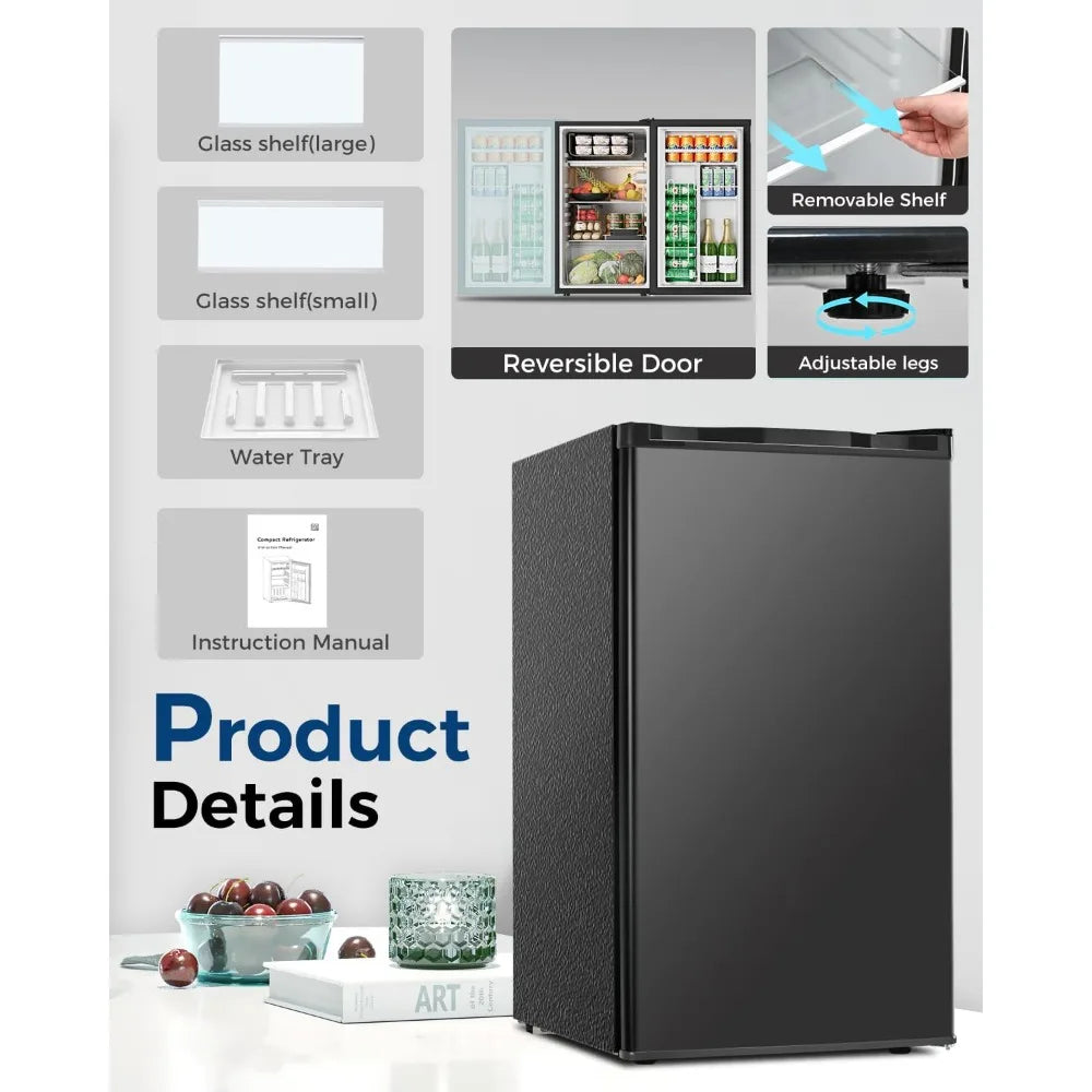 Single-door black mini fridge, 3.2 cu ft capacity, adjustable thermostat, reversible door, and adjustable legs.