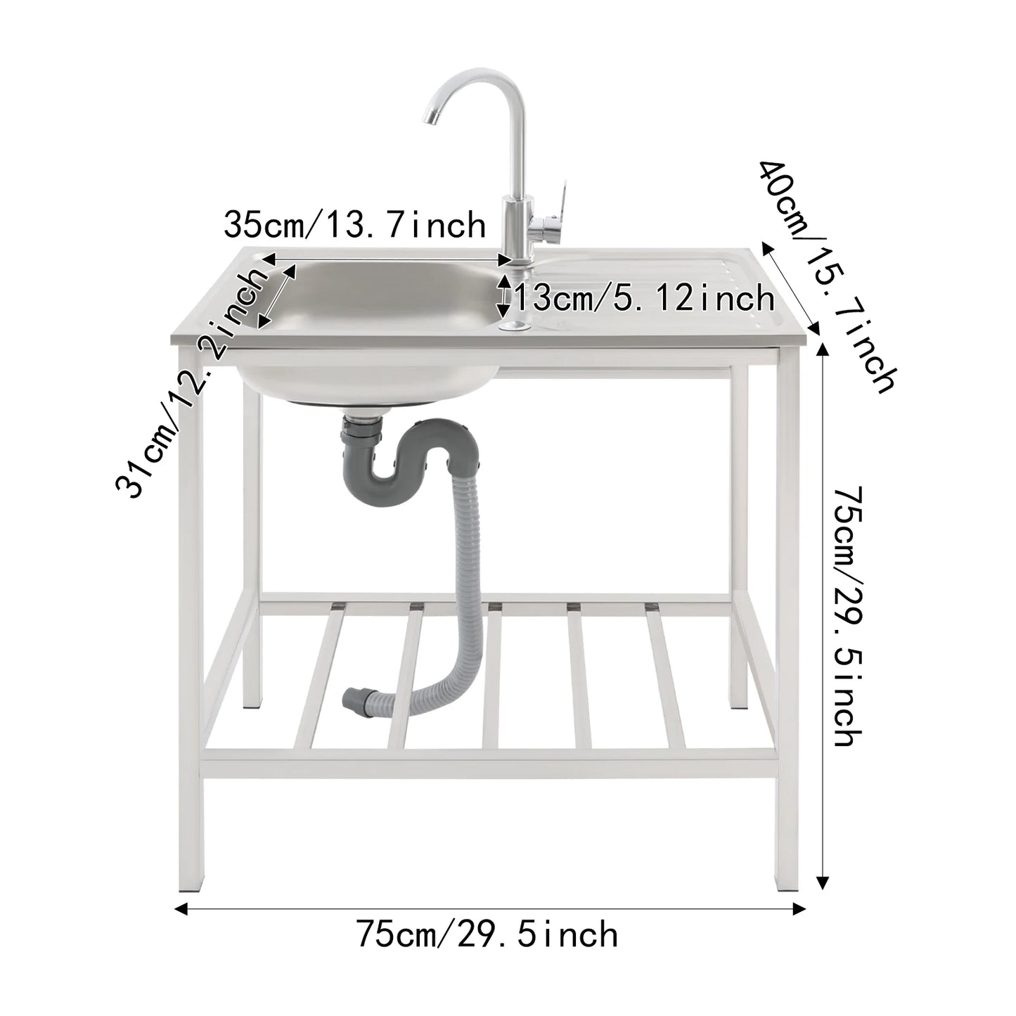 75*40*75cm Commercial Sink with Operation Countertop and Shelf, Kitchen Single Bowl Sink, Free Standing Sink with 360 Faucet