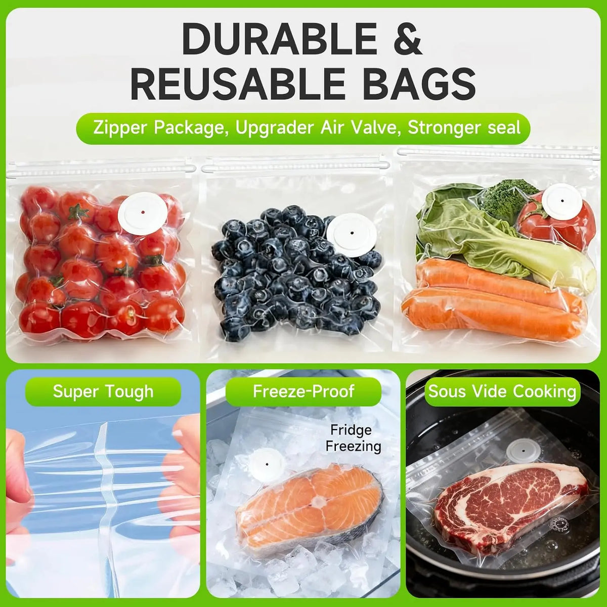 Cordless vacuum sealer kit by S And B Enterprise with 30 BPA-free reusable bags; bags with white valves and produce