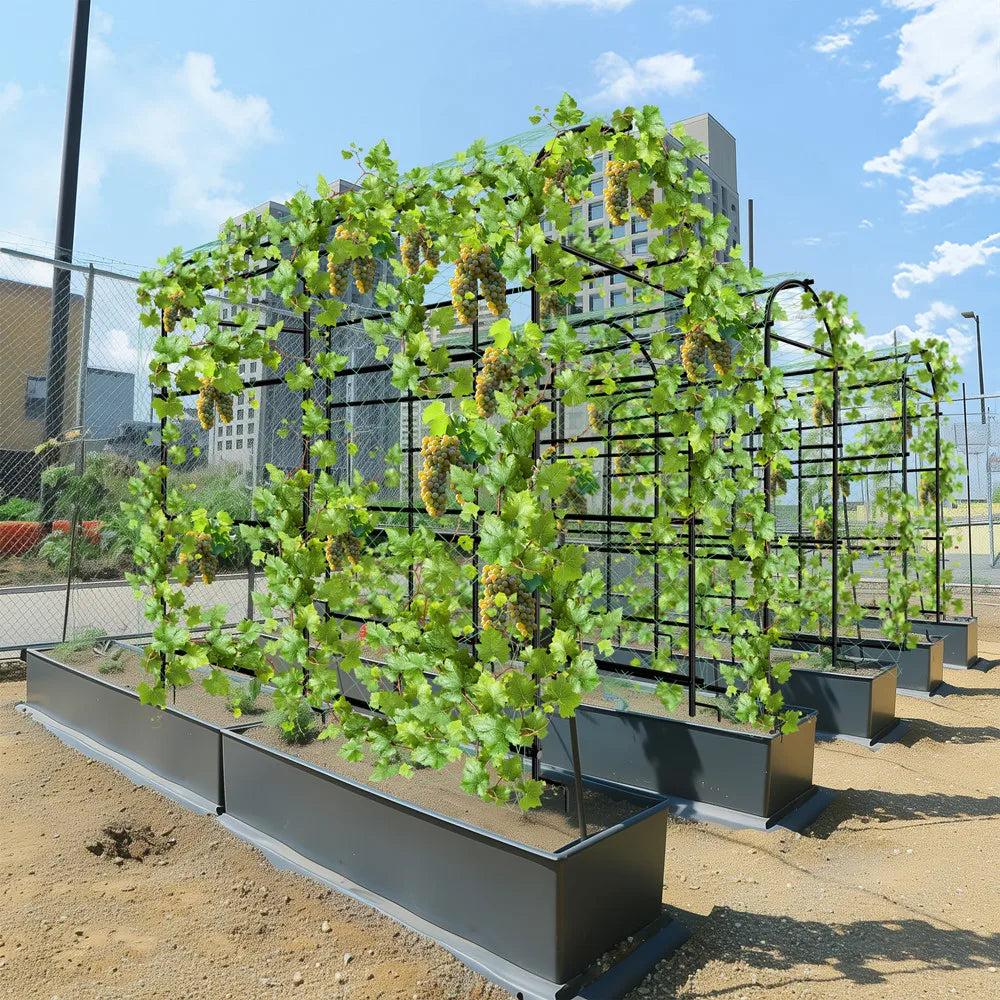 U-shaped metal tall garden trellis frames, set of 4 with planter boxes, black finish, S And B Enterprise.