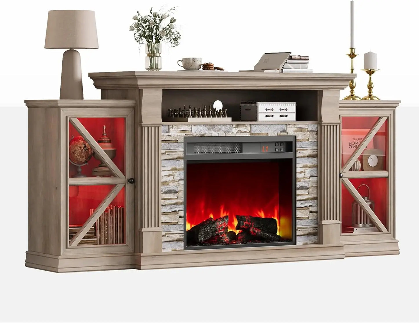 Electric Fireplace TV Stand With Glass Barn Doors And Shelf