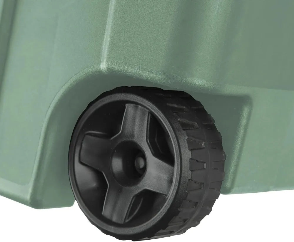 40 gal wheeled storage tote; sage green plastic bin with black wheel