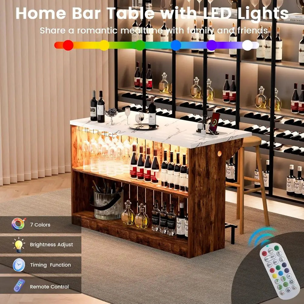 55 Modern Counter Height LED Mini Bar Table with Charging Station & Faux Marble Top for Dining or Living Room by S And B Enterprise