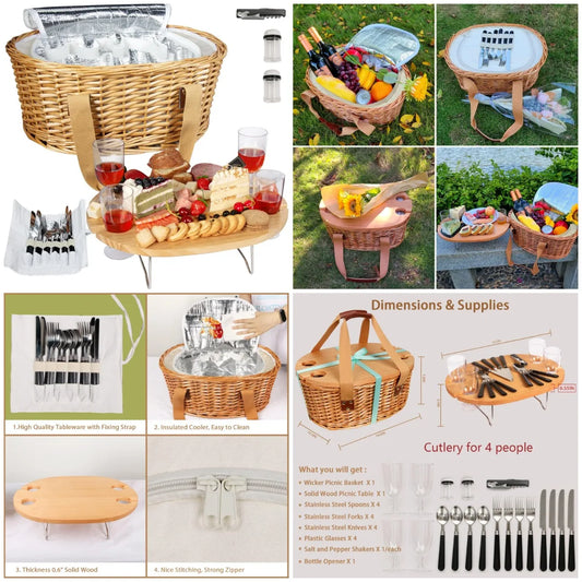 YTYIN Wicker Picnic Basket Set For Four With Insulated Cooler by S And B Enterprise