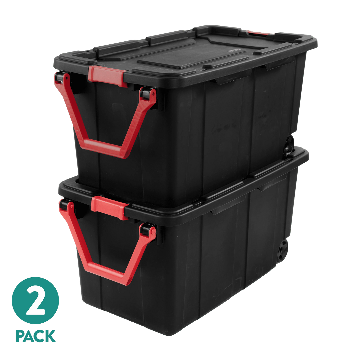 Wheeled storage bin, 40-gallon, black with red handles, 2-pack
