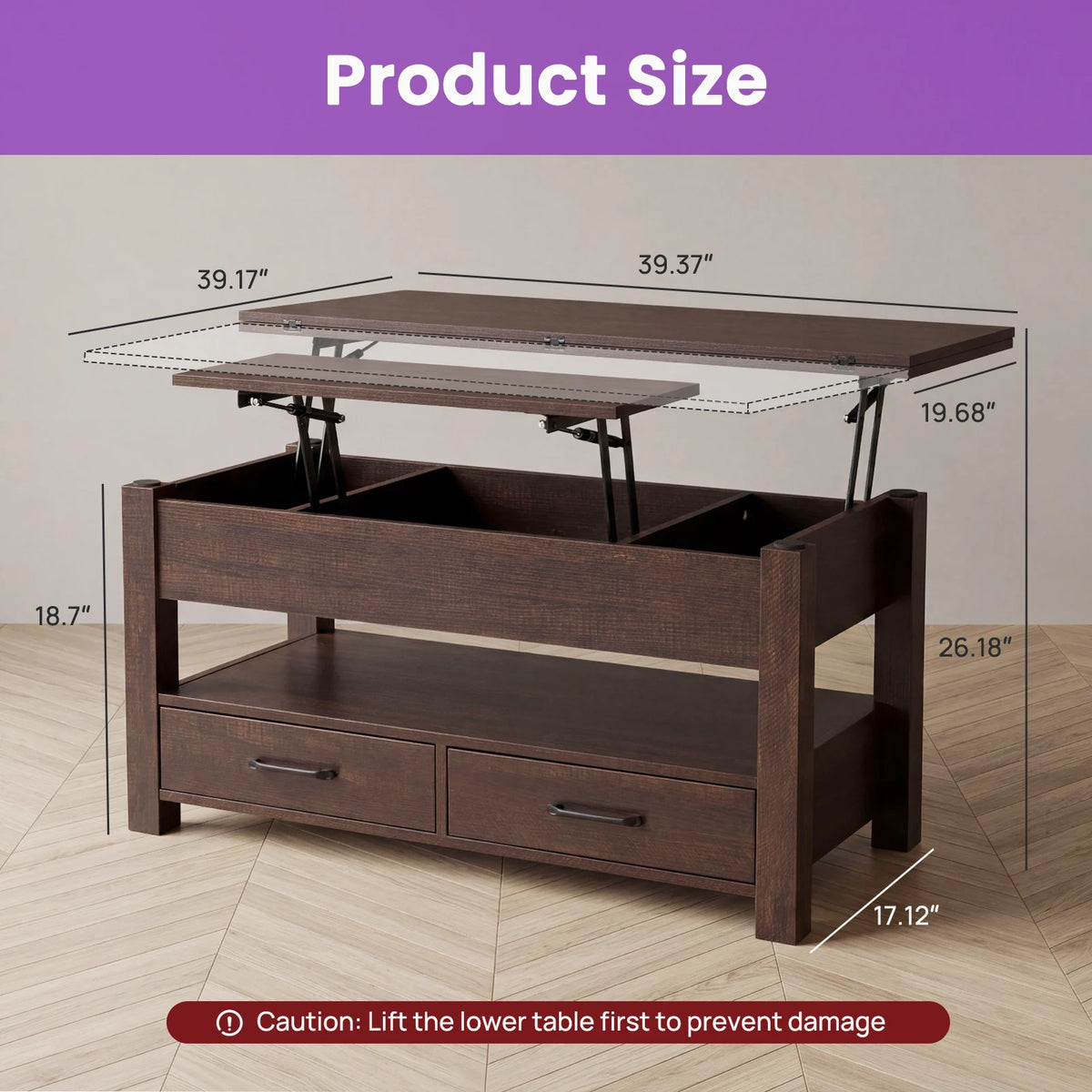 JHK 39.4in lift-top coffee table with double drawers in dark wood, hidden storage by S And B Enterprise