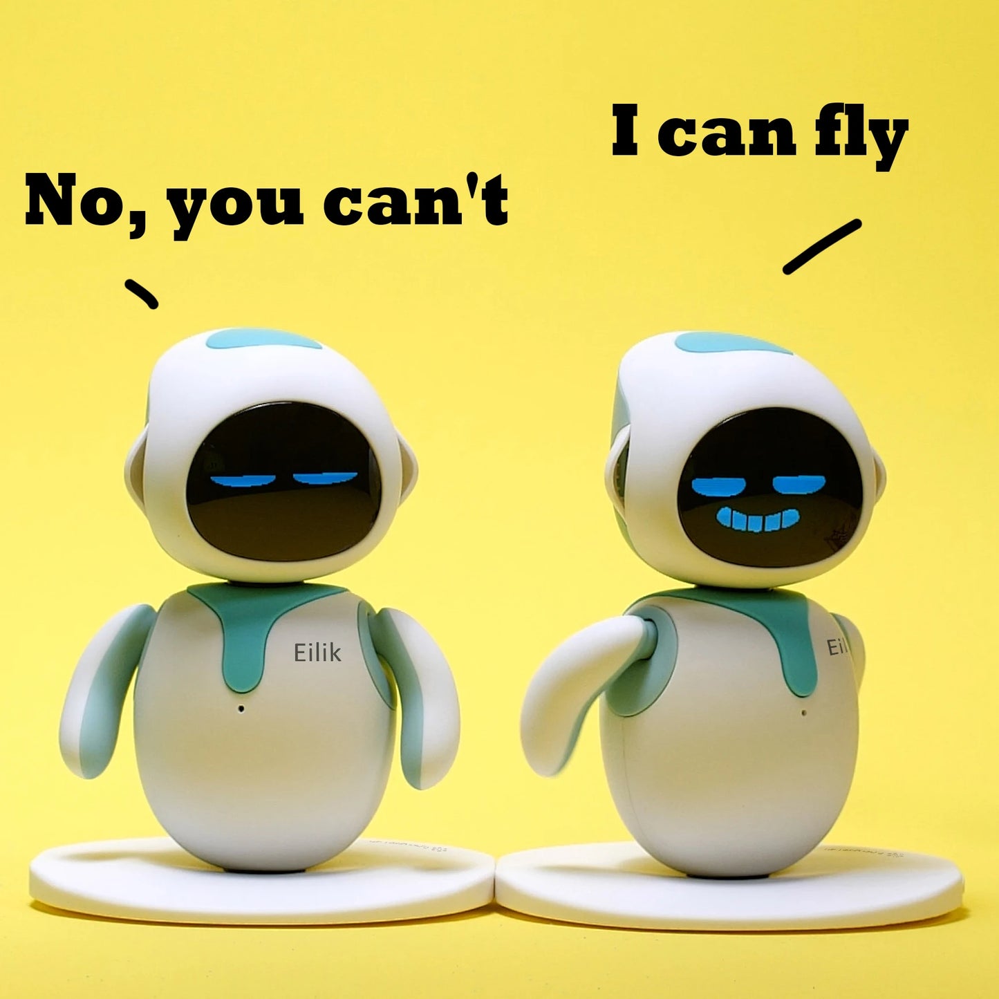 Eilik robots by S And B Enterprise; two white desk companions with teal accents on a yellow background