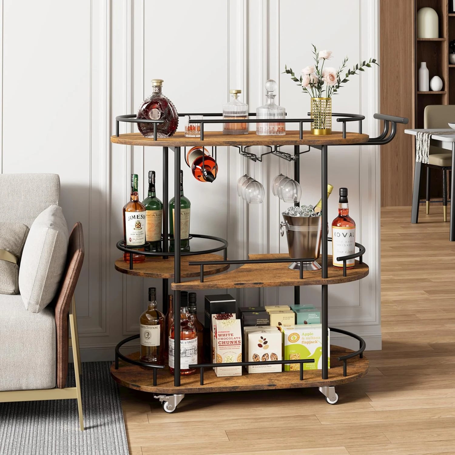 3-tier drinks trolley bar cart on wheels with wood shelves and black frame by S And B Enterprise.
