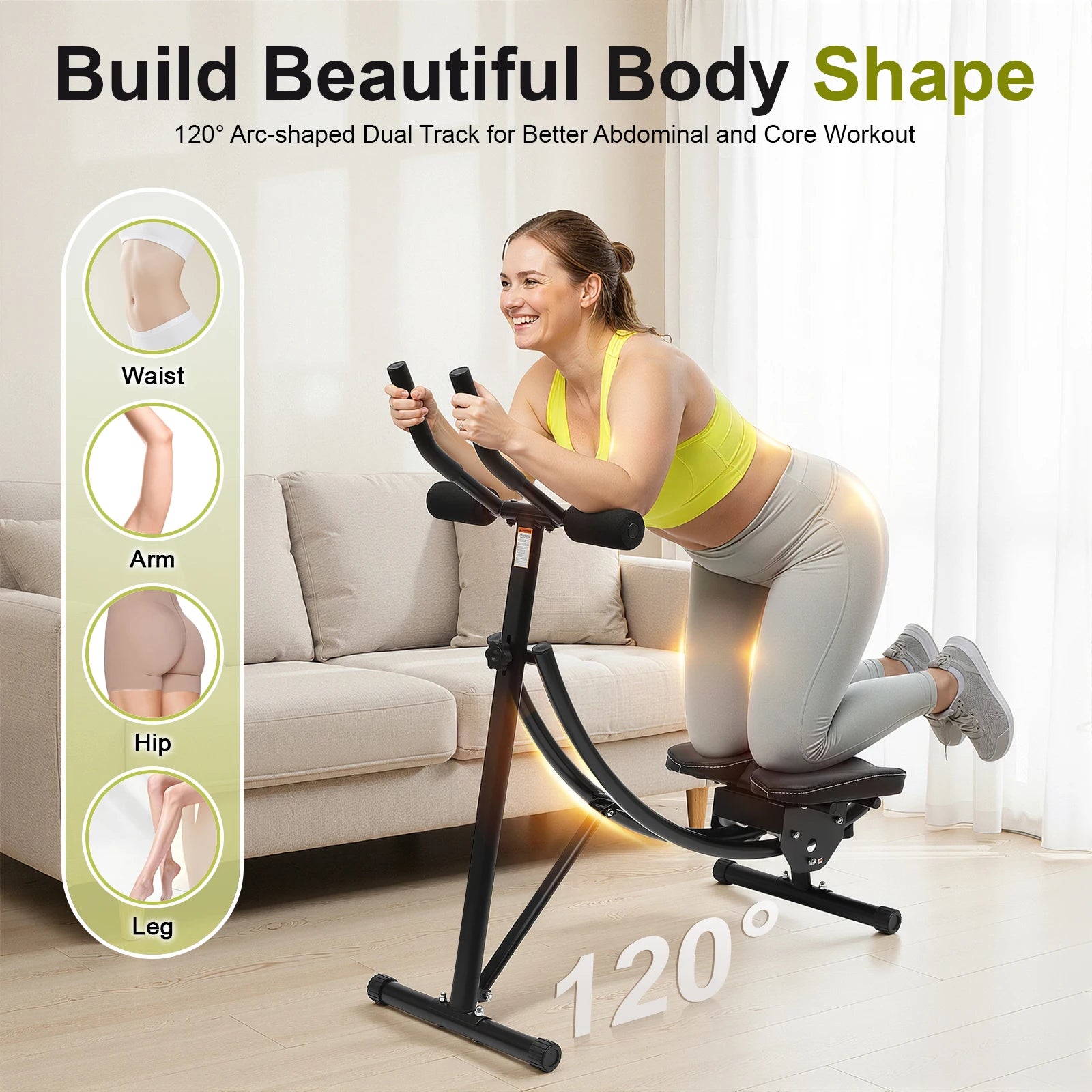 330lbs Capacity Ab Machine, 3-level adjustable dual-arc track core trainer, foldable home gym