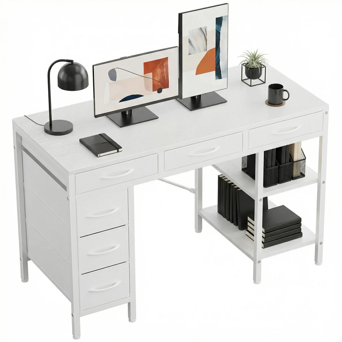 MCQ 47-Inch white office desk with 6 fabric drawers and storage shelves by S And B Enterprise