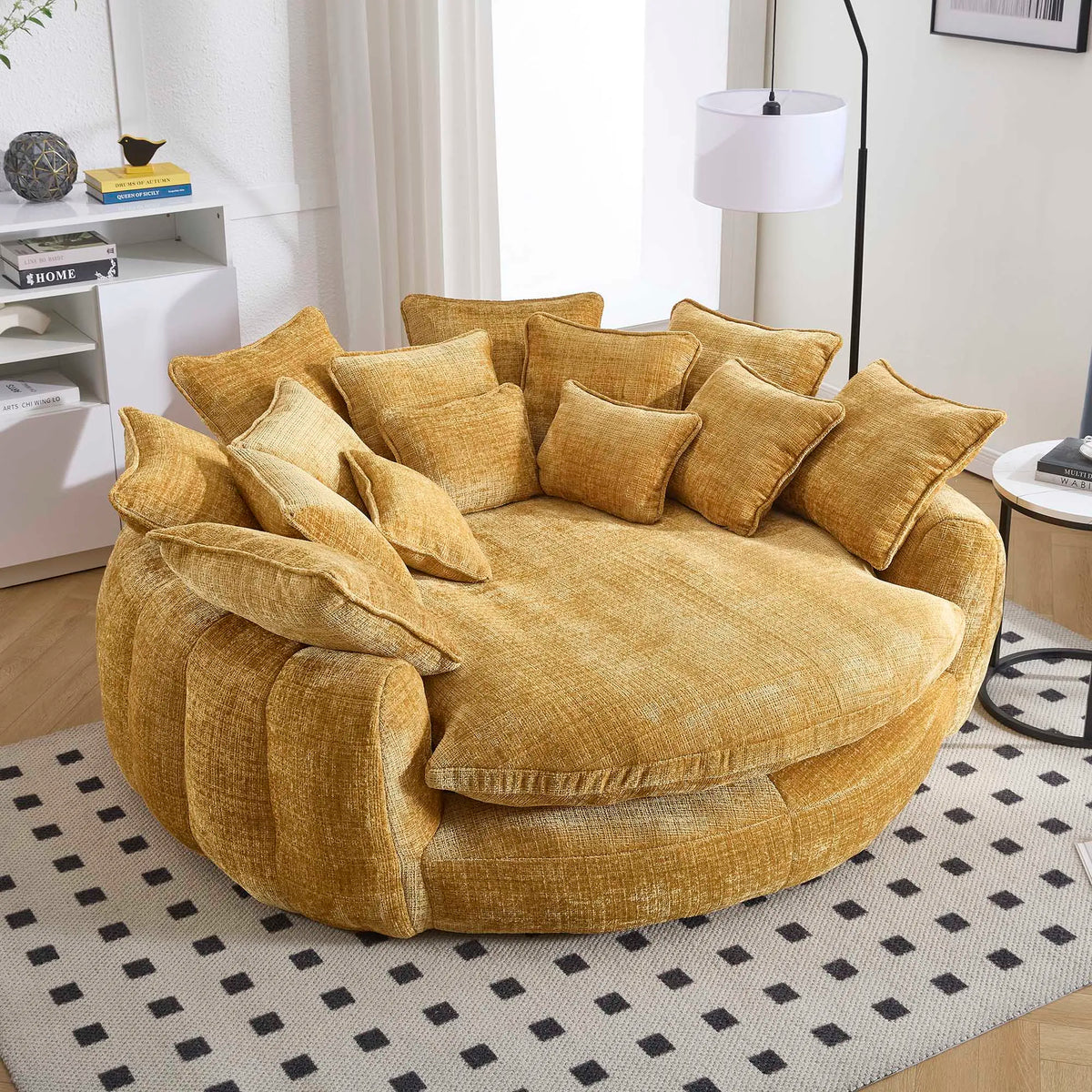 Cloud couch sleeper sofa by S And B Enterprise in mustard chenille with 14 pillows