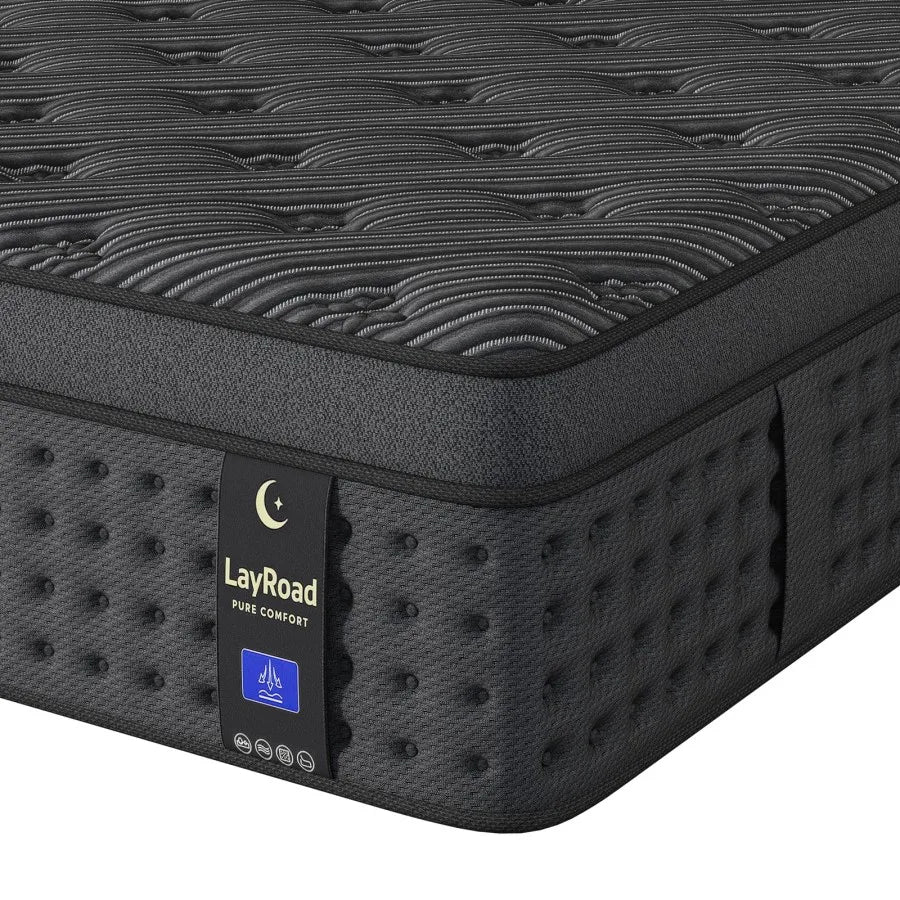 LayRoad memory foam hybrid mattress in black fabric with quilted top and visible brand tag