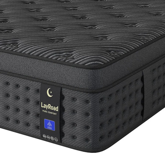 LayRoad memory foam hybrid mattress in black fabric with quilted top and visible brand tag