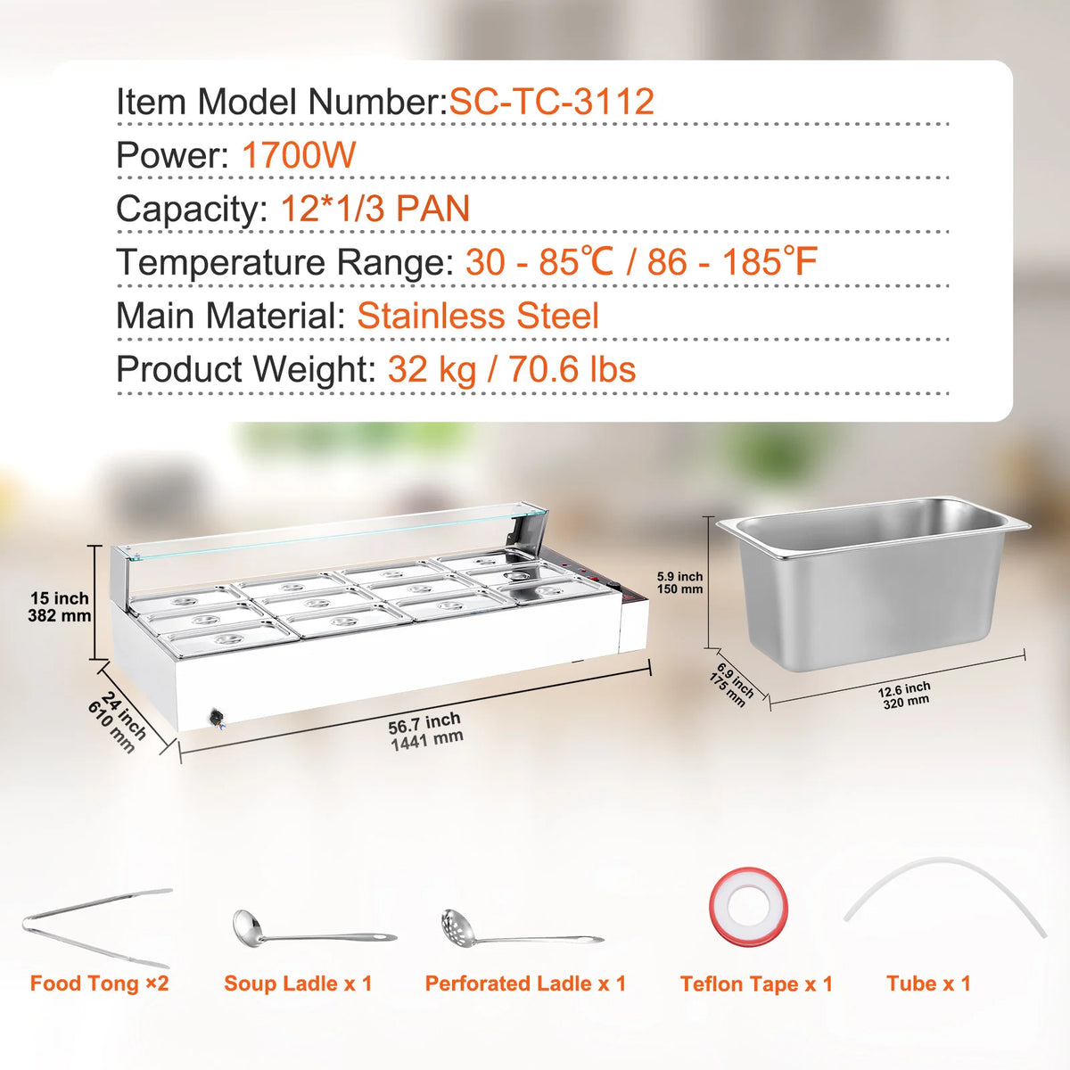 Commercial food warmer steam table, stainless steel with glass lid by S And B Enterprise, 1700W, 12-pan capacity