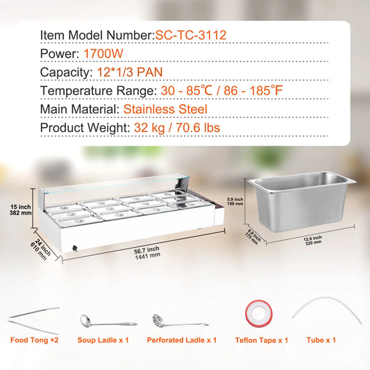 SucceBuy commercial food warmer by S And B Enterprise, stainless steel with glass cover, 1700W, 12*1/3 pan capacity