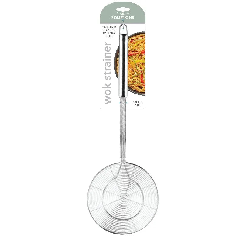 Wok strainer by S And B Enterprise, stainless steel with long handle and circular wire mesh.