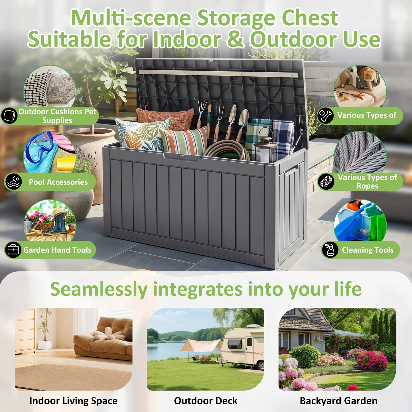 90 Gallon outdoor deck storage box, gray weather-resistant plastic by S And B Enterprise, lid open with cushions and tools
