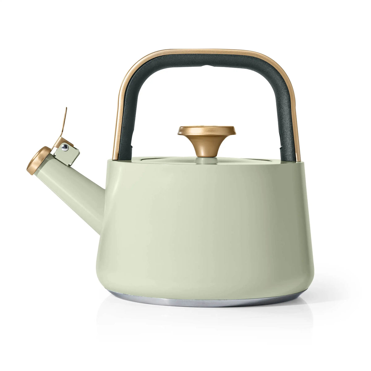 Tea kettle, 1.8L, sage green ceramic non-stick with copper trim for stovetop.