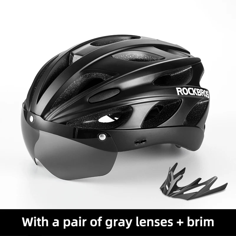 ROCKBROS bike helmet, black, breathable EPS shell with gray lens visor and brim for men and women, road MTB.