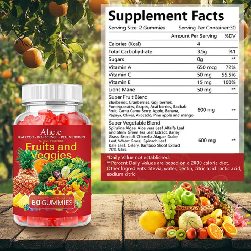 AHETE Fruits & Veggies Gummies - 15 Fruits & 14 Greens, 1200mg Total Produce Blend Per Serving, With Multiple Vitamins, Daily Fr by S And B Enterprise