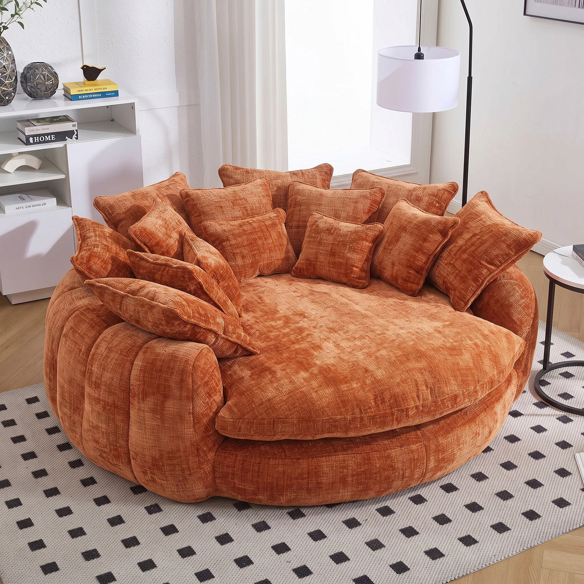 Cloud couch sleeper sofa, orange chenille, oversized round chaise lounge with 14 pillows