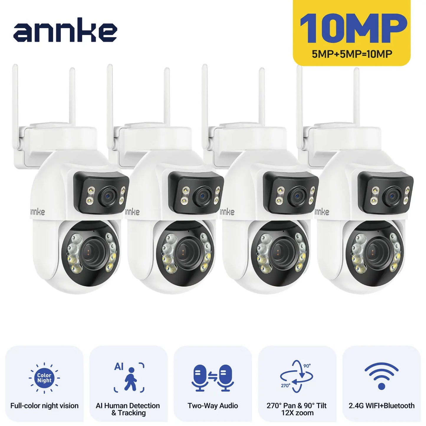 ANNKE WCD1012 10MP Dual-Lens PTZ Security Camera 12X Zoom Wifi Camera AI Human Tracking 1/2/4 PCS 2.4G Wireless Camera Outdoor