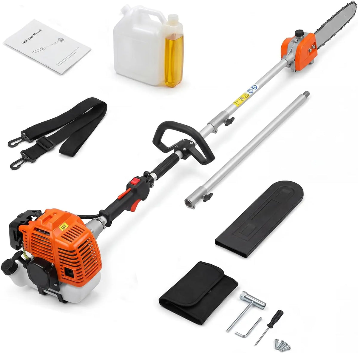 S And B Enterprise gas-powered pole saw with 12-in bar, 2.0HP, 16ft reach, shoulder strap and accessory kit.